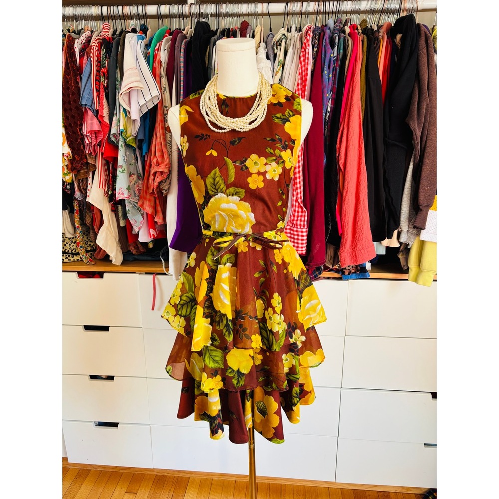 60s Melissa Lane Tiered Ruffle Dress size small 6 Yellow Floral Vintage 70s Boho
